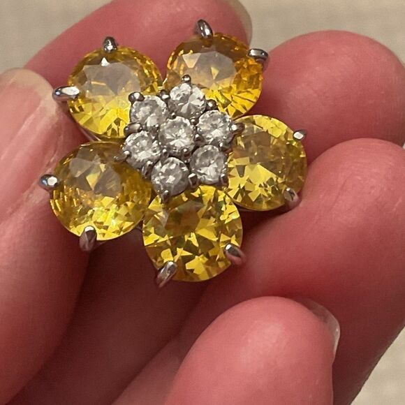 Sterling SILVER 925 YELLOW CRYSTALS FLOWER PENDANT/PIN - Picture 5 of 9